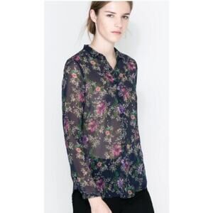 3714) Zara Woman Nay Floral Semi Sheer Button Up Long Sleeve Blouse Medium